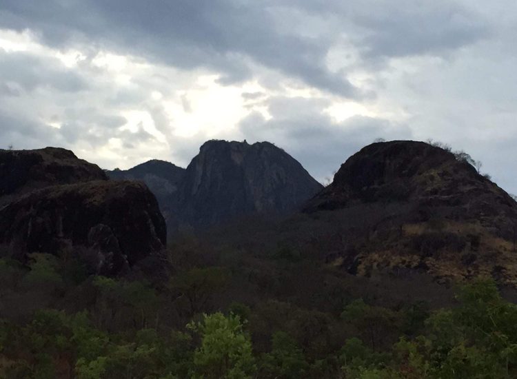 Mozambique Hunting Majestic mountain range with lush green forest and cloudy sky.